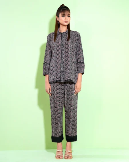 Female Shirt Collar with Lace Details Co-Ord Set | Black Print