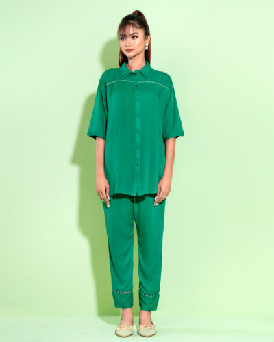 Female Shirt Collar With Join Lace Details Co-Ord Set | Biridian Green