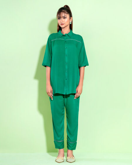 Female Shirt Collar With Join Lace Details Co-Ord Set | Biridian Green