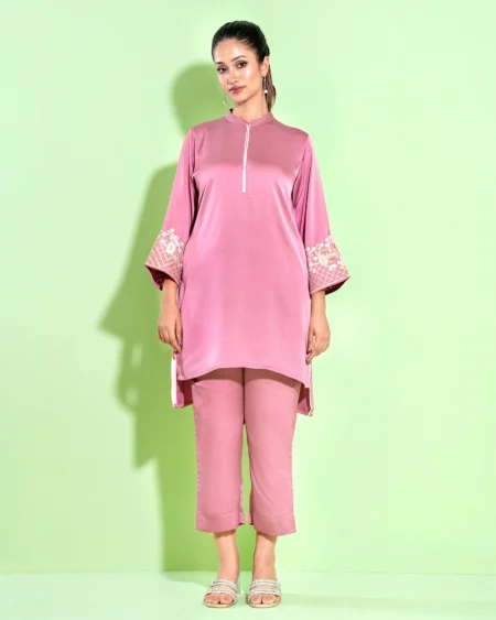 Female Band Collar Luxury Double Silk Co-Ord Set | Mauve Pink