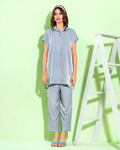 Female Cuban Collar Details Luxury Double Silk Co-Ord Set | Skyway Blue