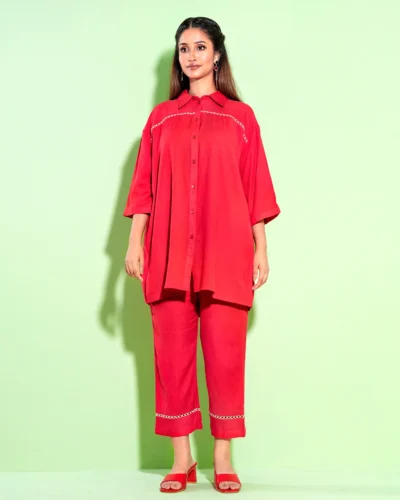 Female Shirt Collar with join Lace Details Co-Ord Set | Crimson