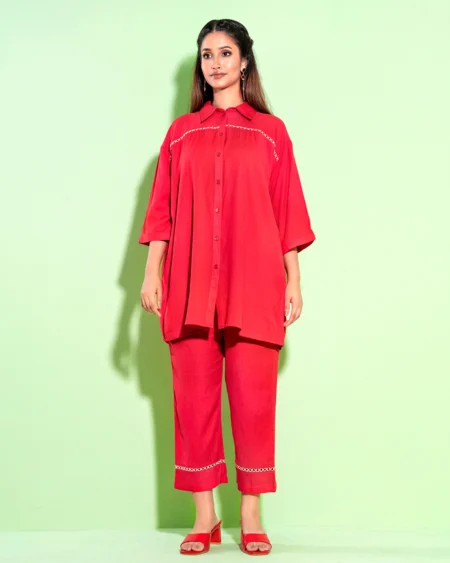 Female Shirt Collar with join Lace Details Co-Ord Set | Crimson