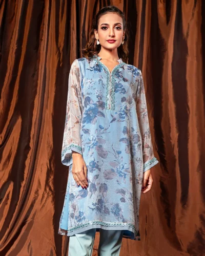 Female Half Collar - Neck Details Short Kameez | Gulf Blue