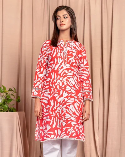 Female A-line Round-Neck With Lace Details Short Kurta By AMNA | Imperial Red