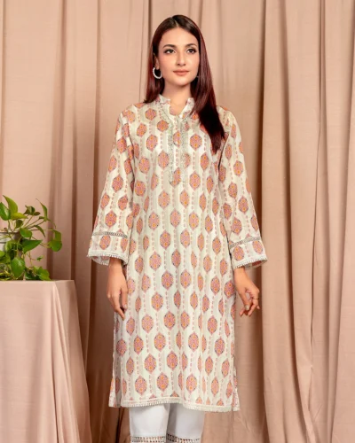 Female Band collar with Lace Details Kurta by Amna | Light Syan