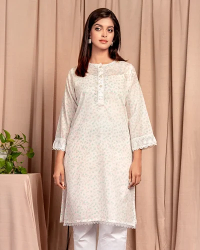 Female Round Neck With Button & Lace Details by Amna | Ivory White