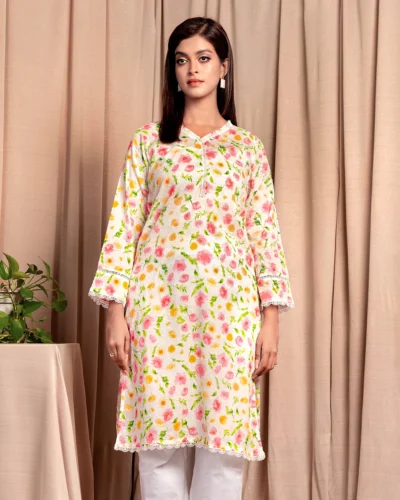 Female A-line V-Neck Details Long Kurta By AMNA| White Print