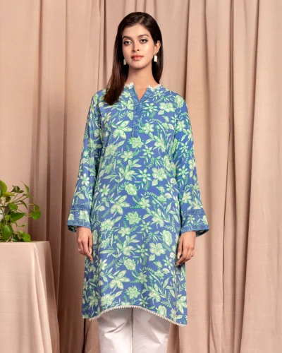 Female A-line Round-Neck With Lace Details Short Kurta By AMNA | Provincial Blue