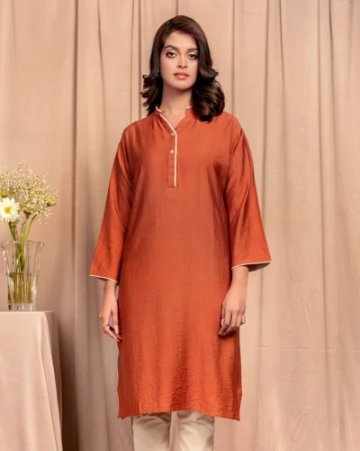 Female Band Collar-Neck Details Long Kurta By AMNA | Ginger Bread
