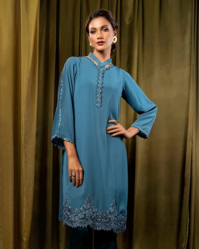 Female Regular Fit Fusion Collar- Neck Long Kamiz | Aegean Blue