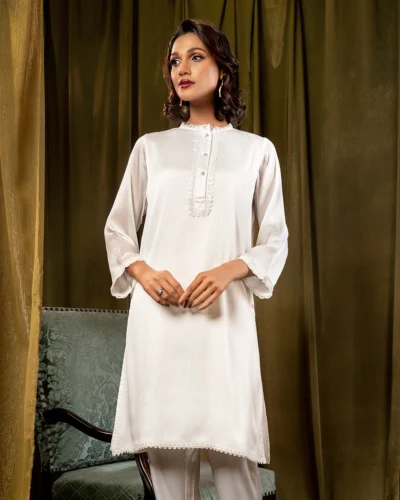 Female Round- Neck Details Short Kamiz | Coconut White