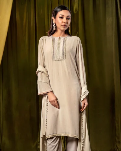Female Regular Fit Round Neck Long Kamiz | Antique White
