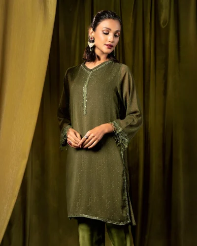 Female Ruffled V-neck Short Kameez | Army Green