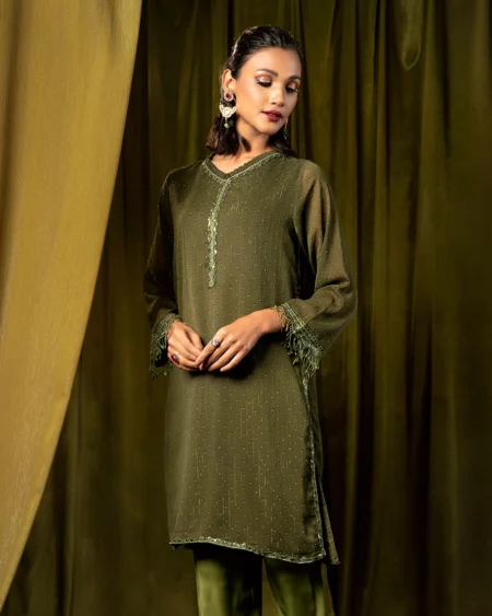 Female Ruffled V-neck Short Kameez | Army Green