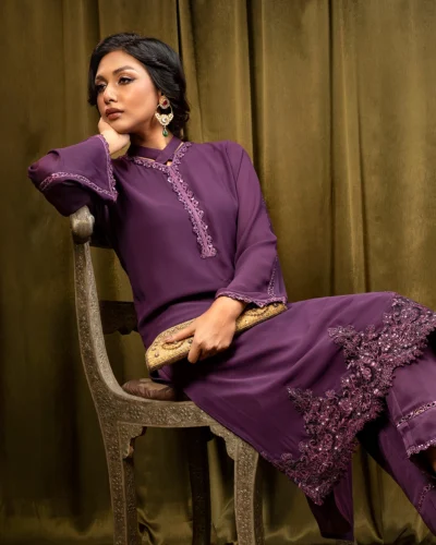 Female Regular Fit Fusion Collar Neck Long Kameez | Purple Eggplant
