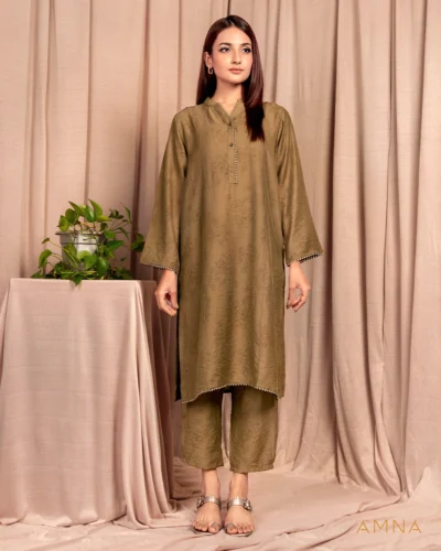 Female Band Collar With Lace &  Button Details Co-ord set by Amna| Coffee