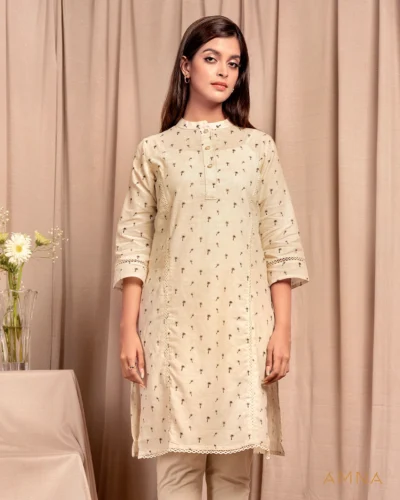 Female Band Collar-Neck Details Long Kurta By AMNA | White Swan