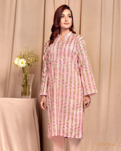 Female Band Collar-Neck Details Long Kurta By AMNA | Baby Pink