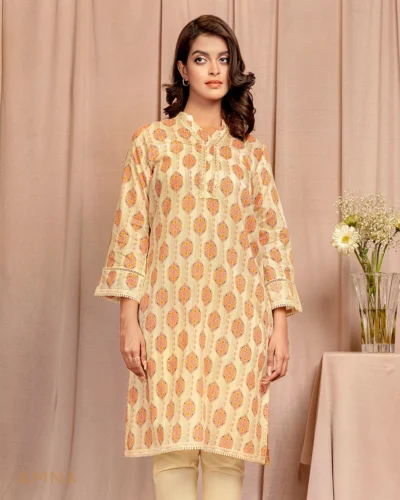 Female Band collar with Lace Details Kurta by Amna | Green Beige