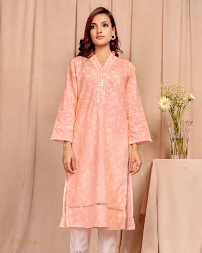 Female A-line V-Neck With Lace Details Long Kurta By AMNA | Pink Icing