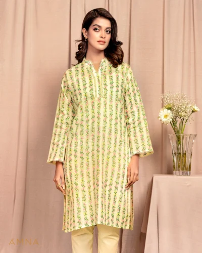 Female Band Collar-Neck Details Long Kurta By AMNA | Pastel Lemon
