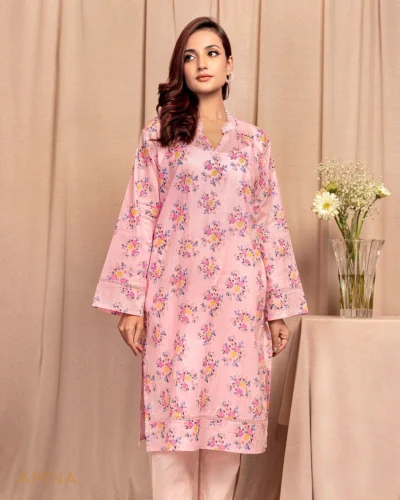 Female A-line Round Neck Details Long Kurta By AMNA| Pink