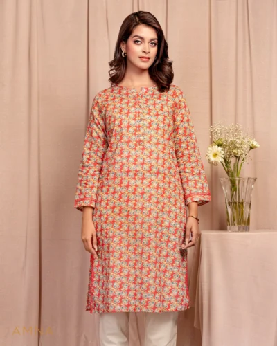 Female A-line Round-Neck Details Long Kurta By AMNA | Mineral Red