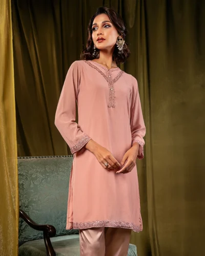 Female Decollete- Neck Details Short Kamiz | Veiled Rose Pink