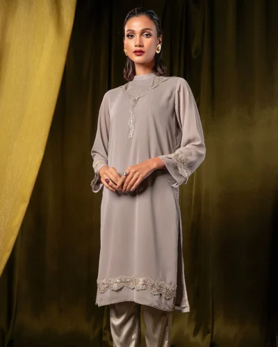 Female Straight Loose Fit Band Collar- Neck Details Long Kamiz| Ash
