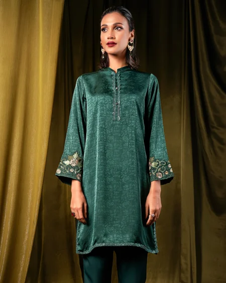 Female Band Collar- Neck Details Short Kamiz | Deep Sea Green