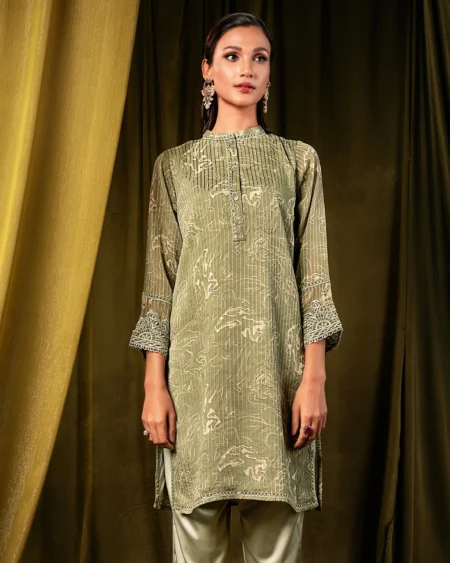 Female Band Collar- Neck Details Short Kamiz | Sage Green