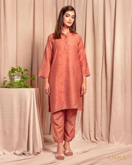 Female Band Collar With Lace &   Button Details Co-ord set by Amna| Dusty Rose