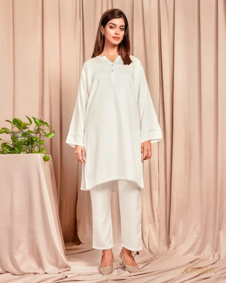 Female Round neck Details 2pcs by Amna| Bright White