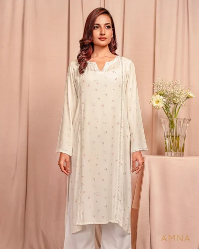 Female Front Princessline Join Lace Details Short Kurta By AMNA| Star White