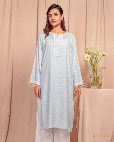 Female Round-Neck Details Long Kurta By AMNA | Tropical Blue