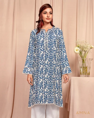 Female A-line Round-Neck With Lace Details Short Kurta By AMNA | White Navy Blue