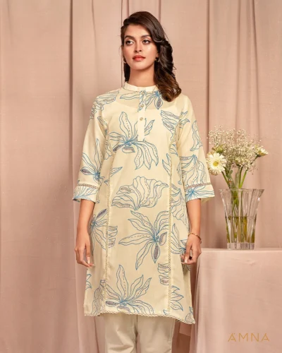 Female A-line Band Collar-Neck Details Long Kurta By AMNA | Daisy White
