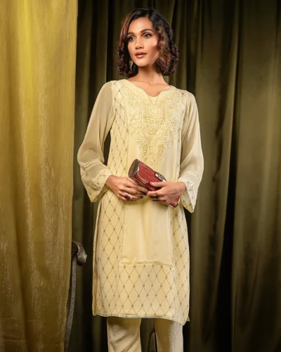 Female Straight Loose Fit Signature-Neck Details Long Kamiz | Cream White
