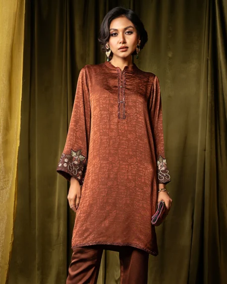 Female Band Collar- Neck Details Short Kamiz | Cinnamon Brown