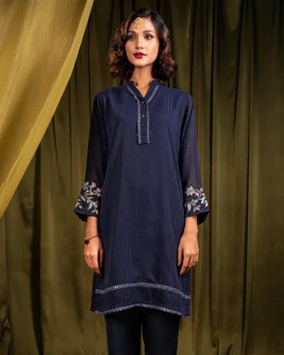 Female Band Collar with Hemline Cut Work Embroidery Lace details Short Kamiz | Navy