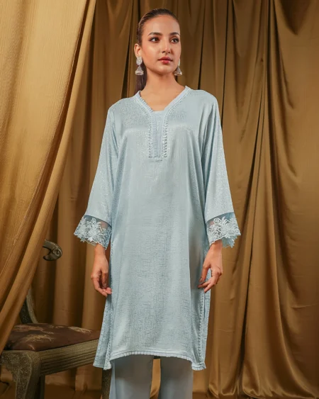 Female V- Neck Details Short Kamiz | Baby Blue