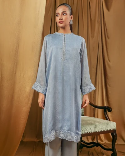 Female Loose Fit Round- Neck Details Long Kamiz | Placid Blue