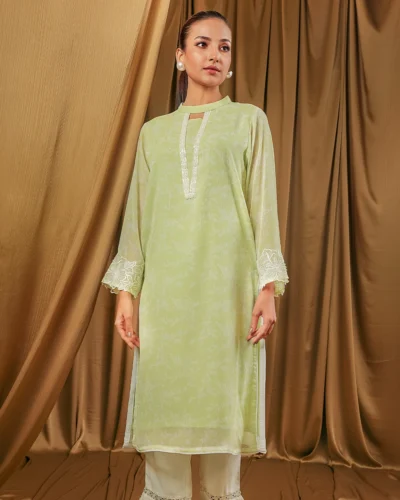 Female Straight Regular Fit Band Collar-Neck Details Long Kamiz | Lime Cream Green