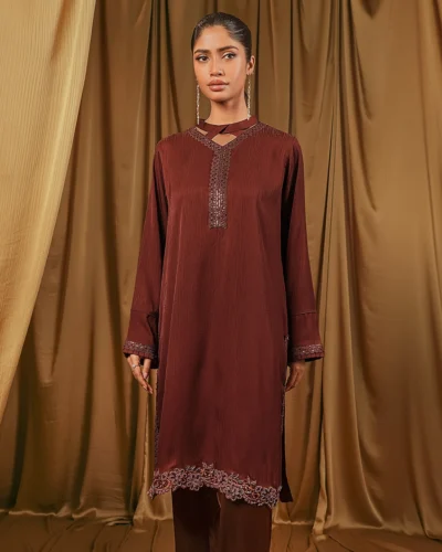 Female Luxury Double Silk Short Kameez | Maroon