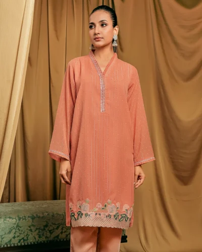 Female Loose Fit V-Neck Details Zari Crepe Georgette Short Kamiz | Coral Blush