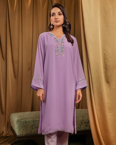 Female Straight Loose Fit V-Neck Details Long Kamiz | Lavender