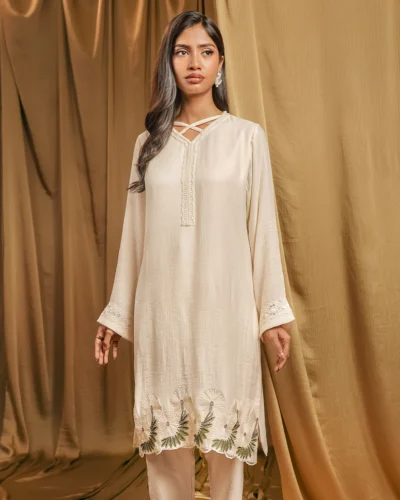 Female Crinkle Chiffon Georgette Short Kameez | Cream White