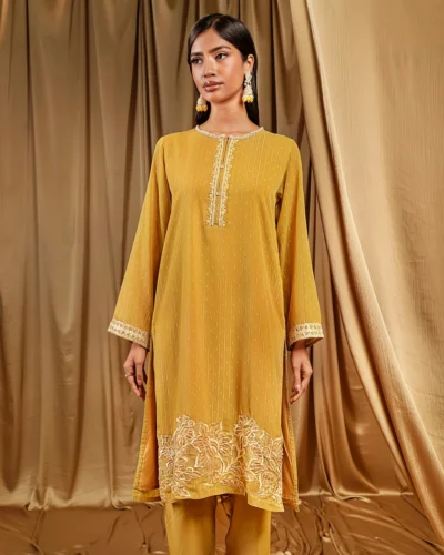 Female Loose Fit Round-Neck Long Kamiz | Jade Yellow