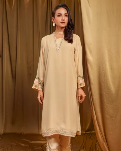 Female Round- Neck Details long Kameez | Beige